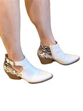 Seven Dials White Leather Cutout Ankle Boots with Snake-Print Heel
